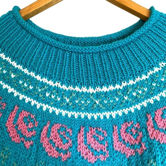 Handmade Knit Oversized Mock Neck Medium Weight Spring Sweater Floral Design - Picture 3 of 4